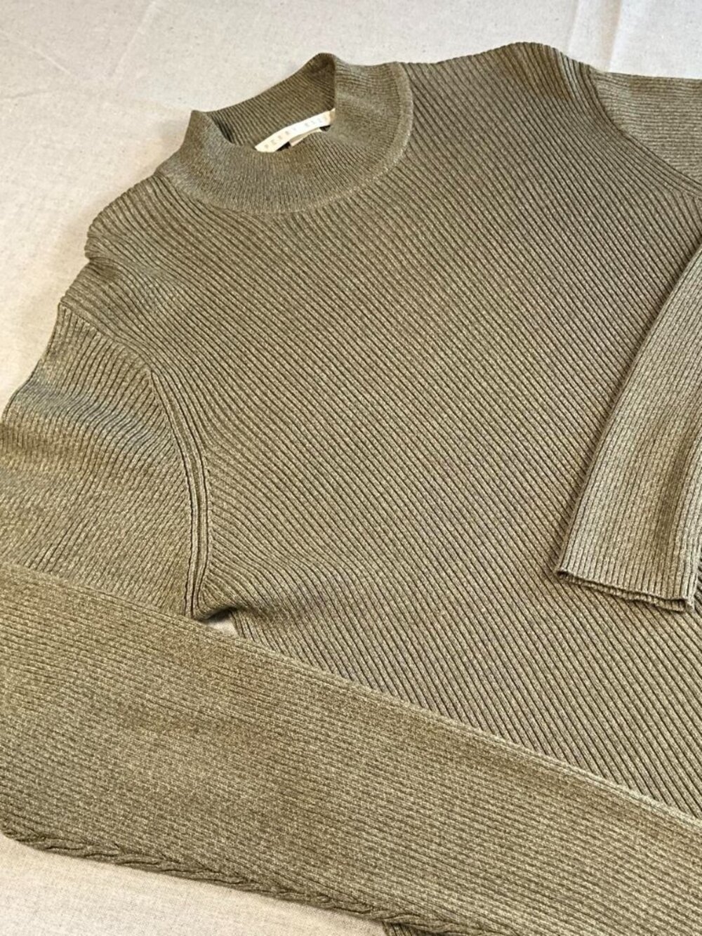 VTG Mens Perry Ellis Silk Cotton Sweater Olive Ribbed Knit Mockneck (Medium)